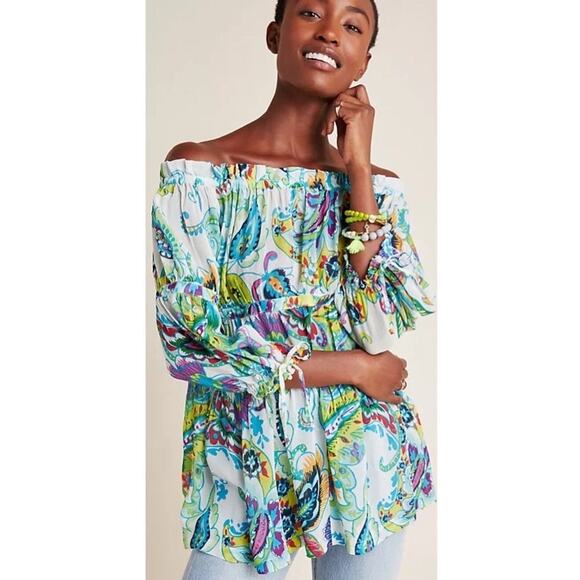 Anthropologie Maeve Frankie Off The Shoulder Blouse Small Peasant Floral Preppy - Picture 1 of 10